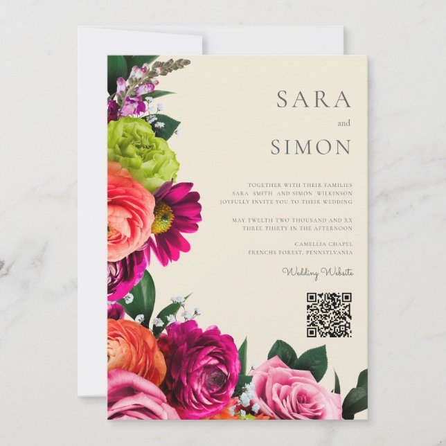 Invitación elegante boda floral de código QR moderno (Anverso)