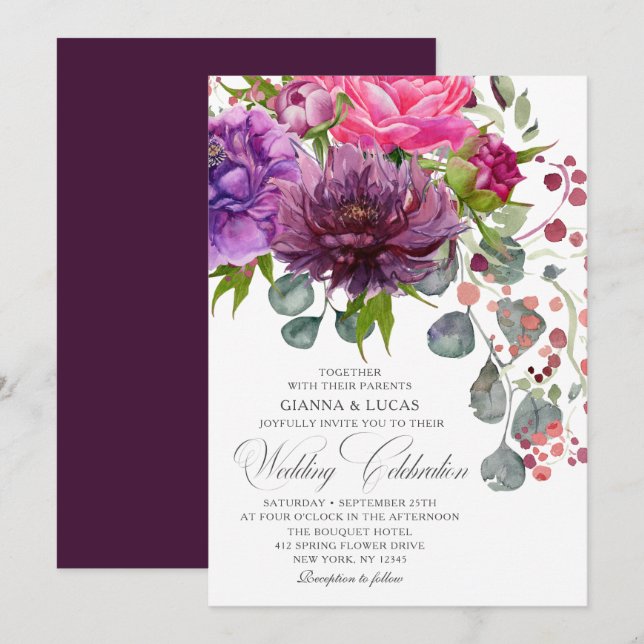 Invitación Elegante Boda floral de color acuático monocromo (Anverso / Reverso)