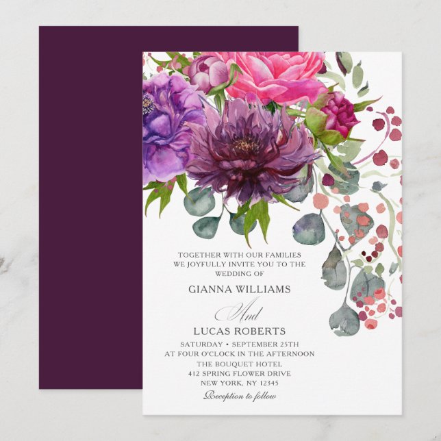 Invitación Elegante Boda floral de color acuático monocromo (Anverso / Reverso)