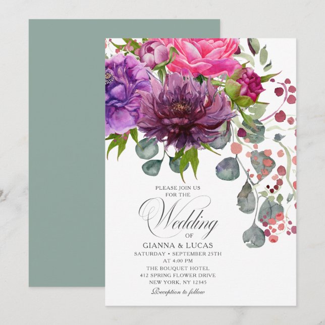 Invitación Elegante Boda floral de color acuático monocromo (Anverso / Reverso)
