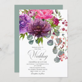 Invitación Elegante Boda floral de color acuático monocromo