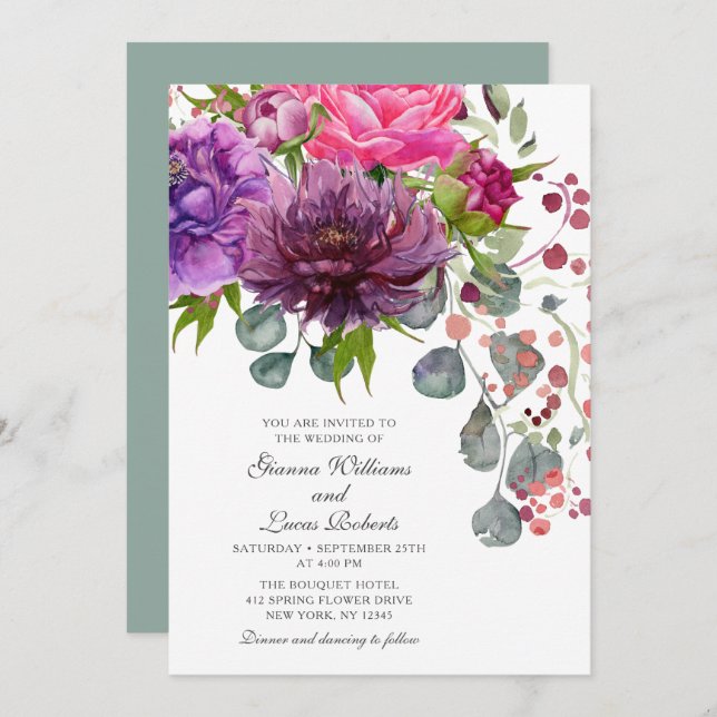 Invitación Elegante Boda floral de color acuático monocromo (Anverso / Reverso)