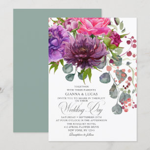 Invitación Elegante Boda floral de color acuático monocromo