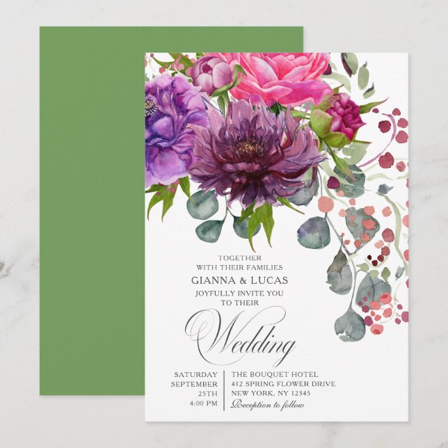 Invitación Elegante Boda floral de color acuático monocromo (Anverso / Reverso)