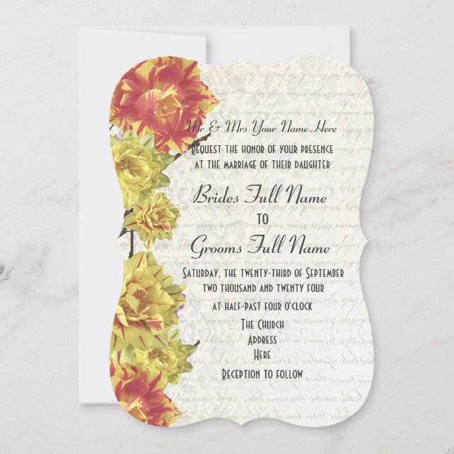 Invitación Elegante boda floral de color amarillo y naranja (Anverso)