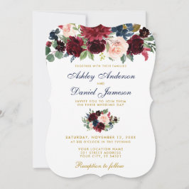 Invitación Elegante Boda floral de color azul borgoña BG
