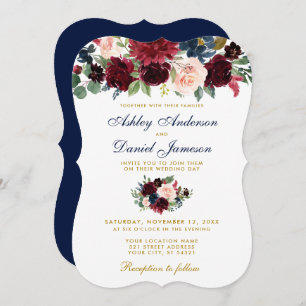 Invitación Elegante Boda floral de color azul borgoña BG