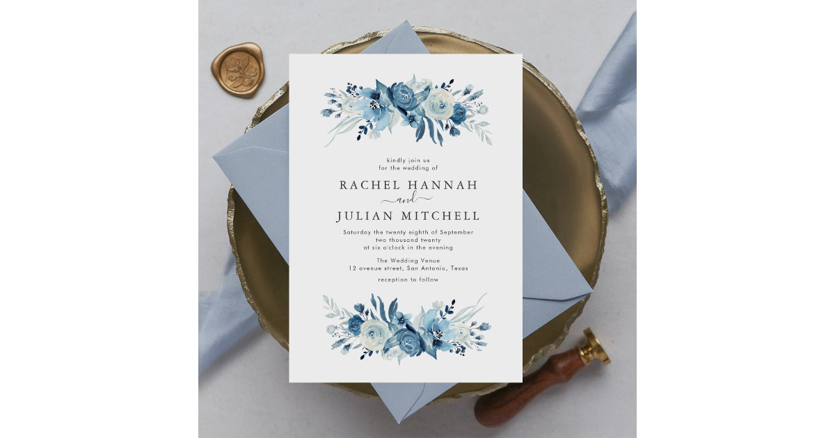 Invitación Elegante boda floral de color azul celeste de la l 