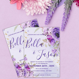 Invitación Elegante Boda floral de color azul morado