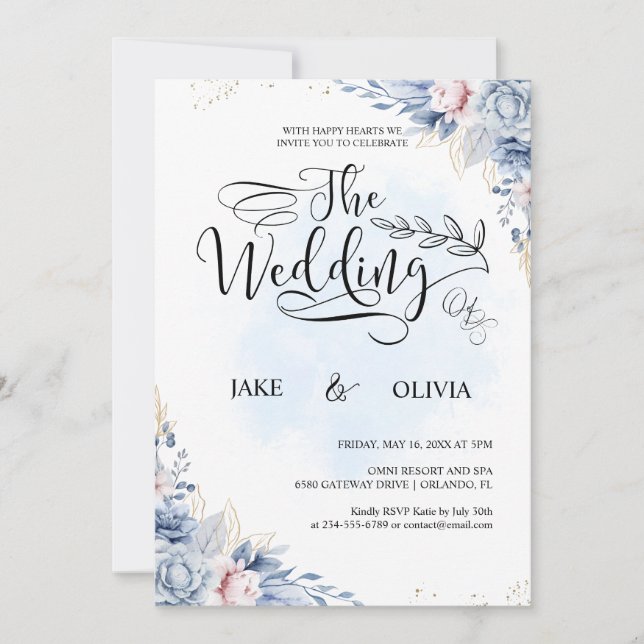 Invitación Elegante Boda floral de color azul turbio (Anverso)