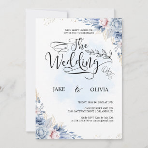 Invitación Elegante Boda floral de color azul turbio
