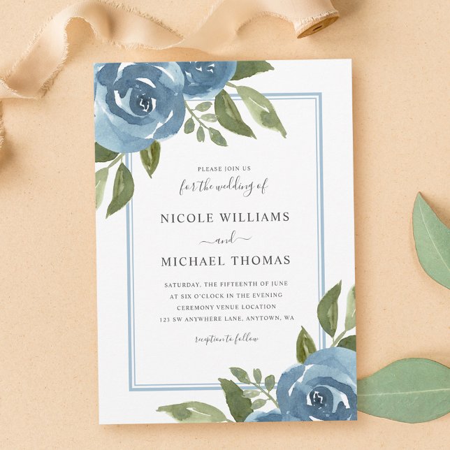Invitación Elegante Boda floral de color azul turbio (Subido por el creador)