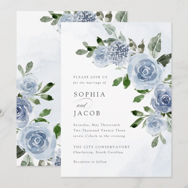 Invitación Elegante Boda floral de color azul turbio (Anverso / Reverso)