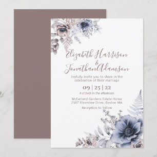 Invitación Elegante Boda floral de color azul turbio