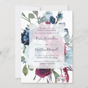 Invitación Elegante Boda floral de color Berry y Agua Azul