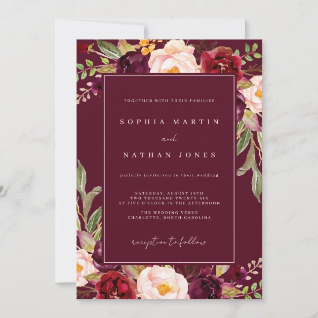 Invitación Elegante Boda floral de color burdeos (Anverso)