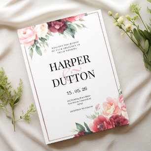 Invitación Elegante boda floral de color burdeos rosa con acu