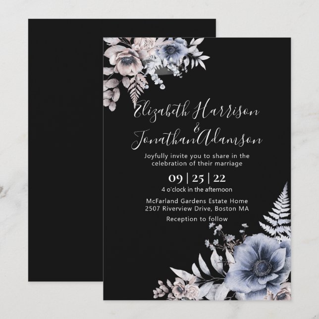 Invitación Elegante Boda floral de color crema negra (Anverso / Reverso)
