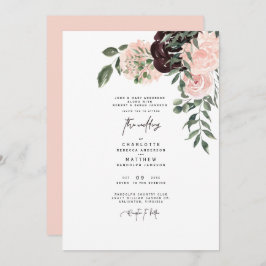 Invitación Elegante Boda Floral de color de agua Rubor y vino