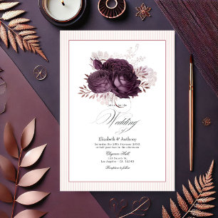 Invitación Elegante Boda floral de color morado oscuro y Rosa