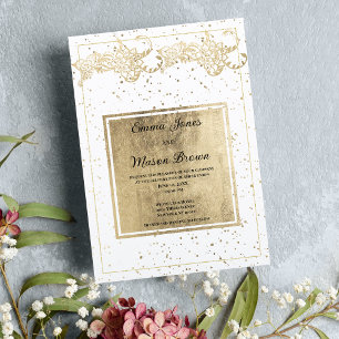 Invitación Elegante Boda floral de confeti blanco y dorado