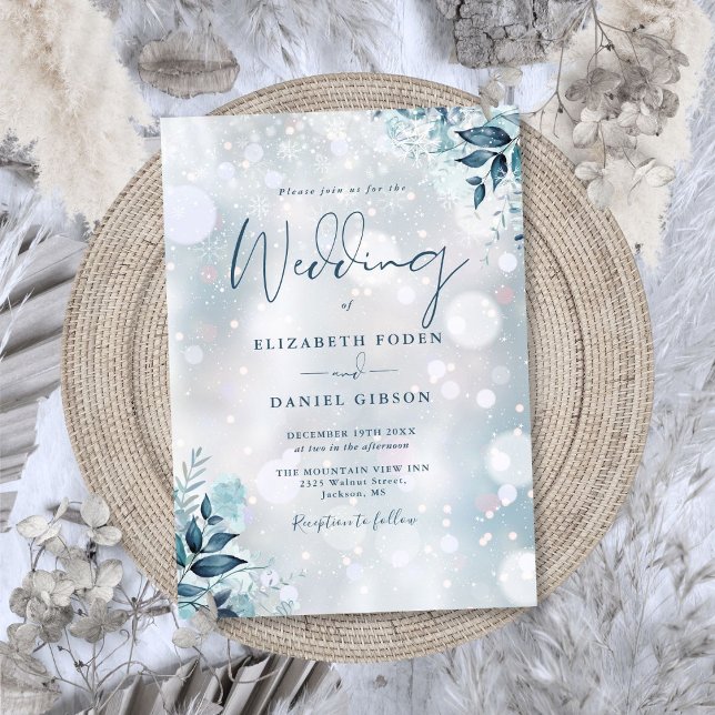 Invitación Elegante Boda floral de copos de nieve en invierno (Elegant Winter Snowflakes Floral Wedding Invitation)