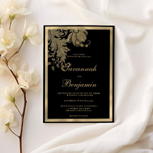 Invitación Elegante boda floral de encaje dorado negro elegan
