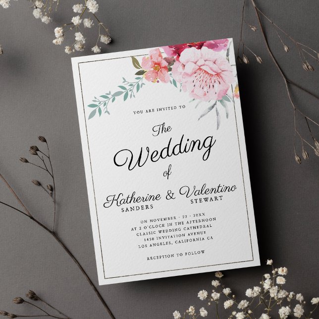 Invitación Elegante boda floral de escritura de escritura ros (Elegant pink mint formal script floral wedding)
