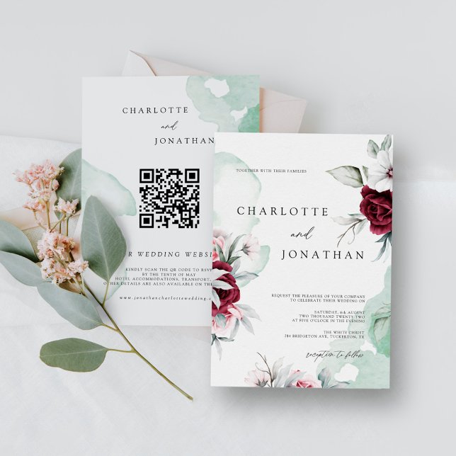 Invitación Elegante Boda floral de esmeralda verde y borgoña (Subido por el creador)