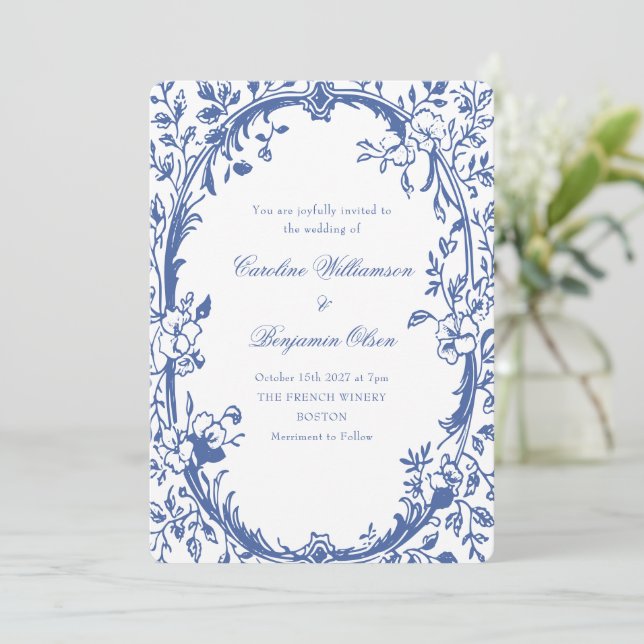 Invitación Elegante Boda floral de estilo azul francés (Anverso de pie)
