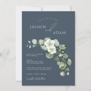 Invitación Elegante Boda Floral de Eucalipto Azul Real