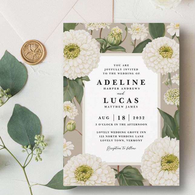 Invitación Elegante Boda floral de flor blanca de zinnia marf (White zinnia flower wedding invitation, elegant ivory floral wedding invite, taupe beige sand green)