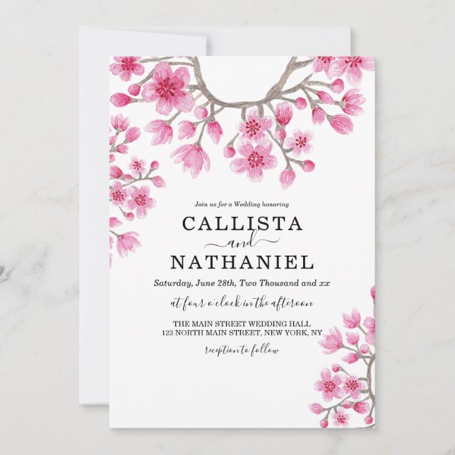 Invitación Elegante Boda floral de flores de cerezo japonés (Anverso)