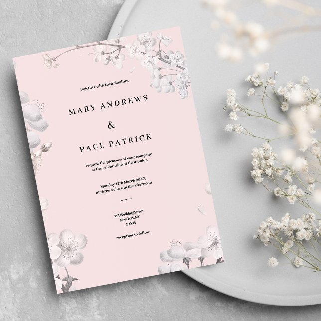 Invitación Elegante Boda floral de flores de cerezo rosa (Elegant white pink cherry blossom floral Wedding )