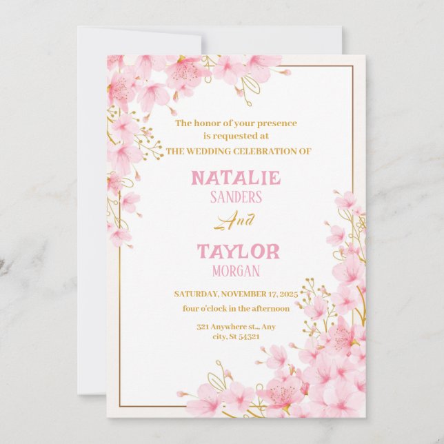 Invitación Elegante Boda floral de flores de cerezo rosa clás (Anverso)