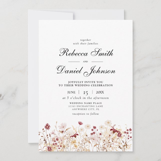 Invitación Elegante Boda floral de flores silvestres de otoño (Anverso)