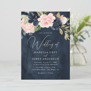 Invitación Elegante boda floral de follaje rosa Navy