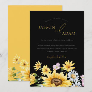 Invitación Elegante Boda floral de girasoles amarillo negro