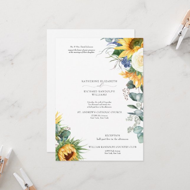 Invitación Elegante Boda floral de girasoles con goteo 2 vena (Anverso/Reverso In Situ)