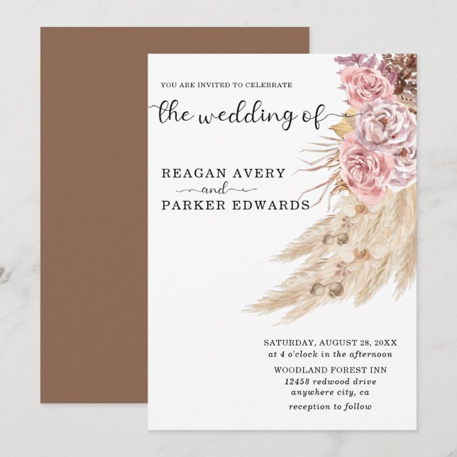 Invitación Elegante Boda Floral de Grass Pampas Secas (Anverso / Reverso)