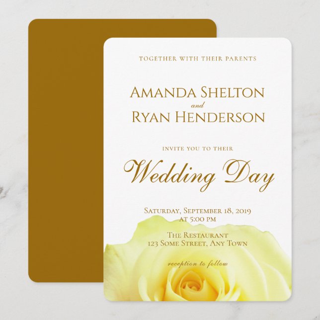 Invitación Elegante Boda floral de guion rosa amarillo (Anverso / Reverso)