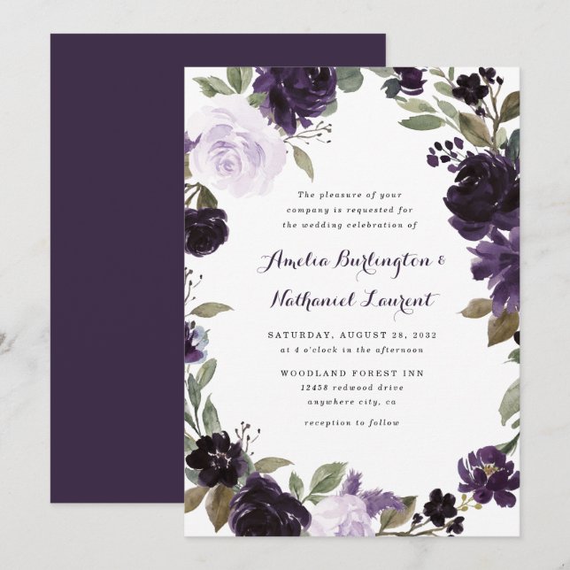 Invitación Elegante Boda Floral de hojas verdes moradas y dor (Anverso / Reverso)