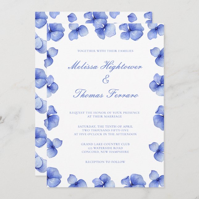 Invitación Elegante Boda floral de Hydrangea azul (Anverso / Reverso)