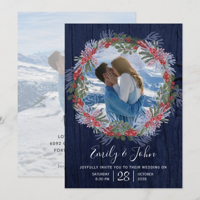 Invitación Elegante Boda floral de invierno azul de la Marina (Anverso / Reverso)