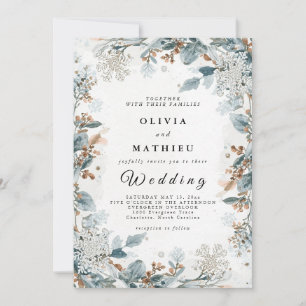 Invitación Elegante Boda floral de invierno azul marrón