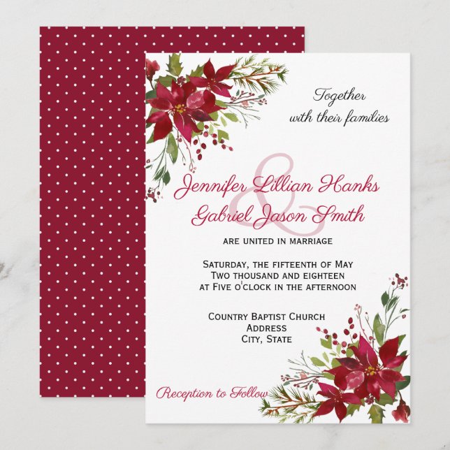Invitación Elegante Boda floral de invierno de Borgoña Poinse (Anverso / Reverso)