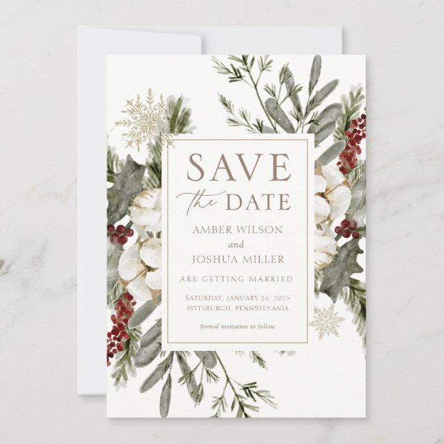 Invitación Elegante Boda floral de invierno salva la fecha (Anverso)