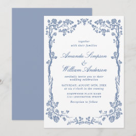 Invitación Elegante Boda Floral de Jardín Francés Barroco Azu
