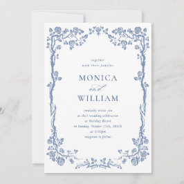 Invitación Elegante Boda Floral de Jardín Francés Barroco Azu