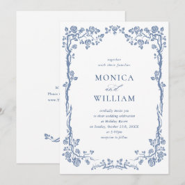 Invitación Elegante Boda Floral de Jardín Francés Barroco Azu